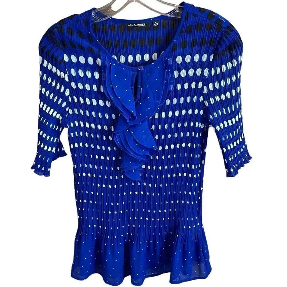 NOTATIONS Ladies Pleated Ruffled Polka Dot Dress Top Size Medium Blue White
